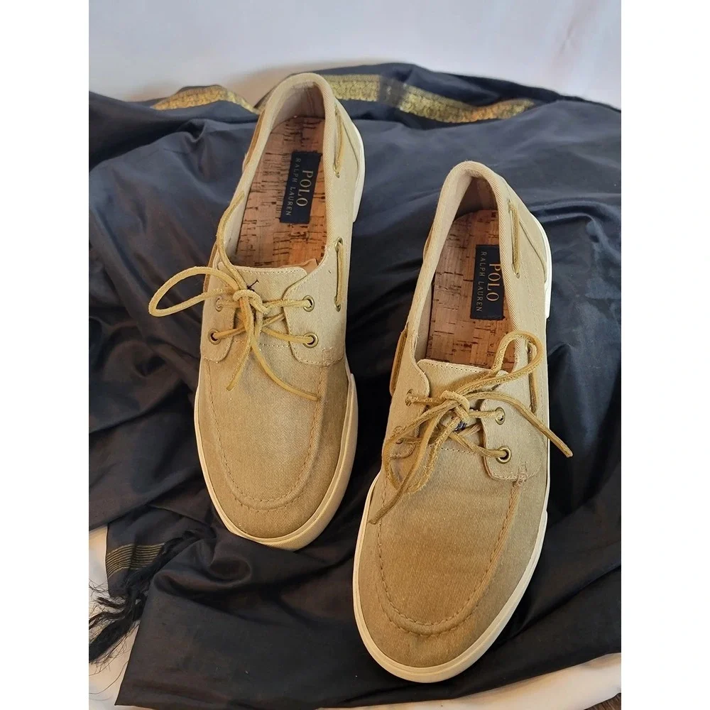 Polo Ralph Lauren Rylander Tan Washed Twill Boat Shoes Mens 11.5 D Loafers
